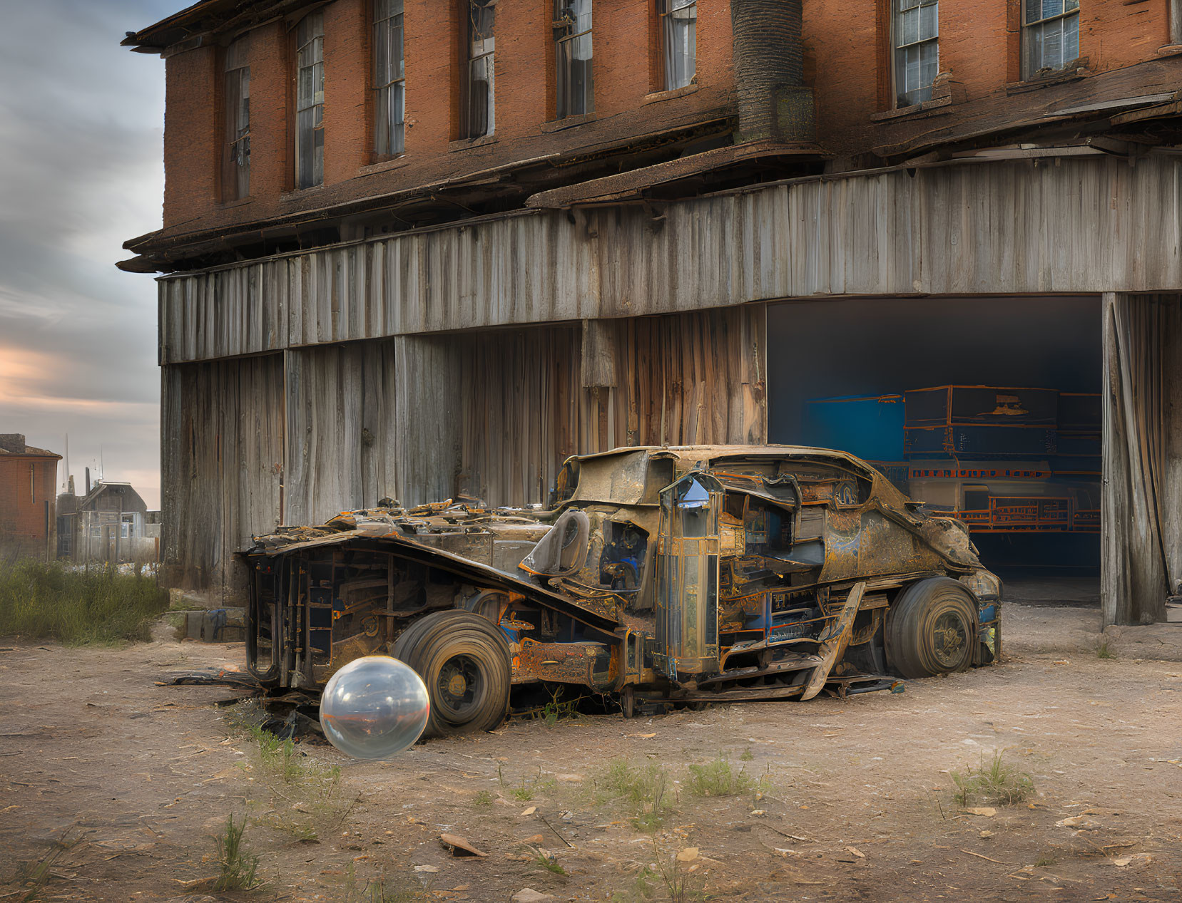 Abandoned rusty truck and bubble object outside rundown building