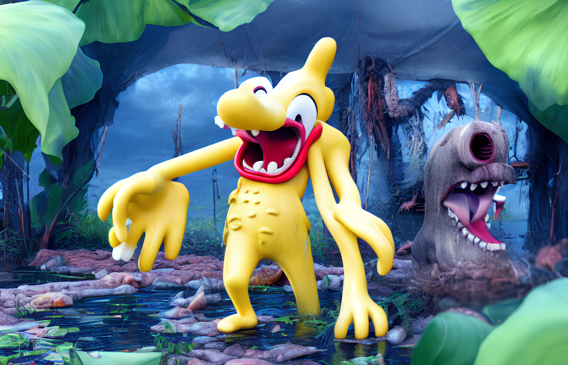 Colorful animated yellow dog-like character in swamp with surprise expression next to dark creature.