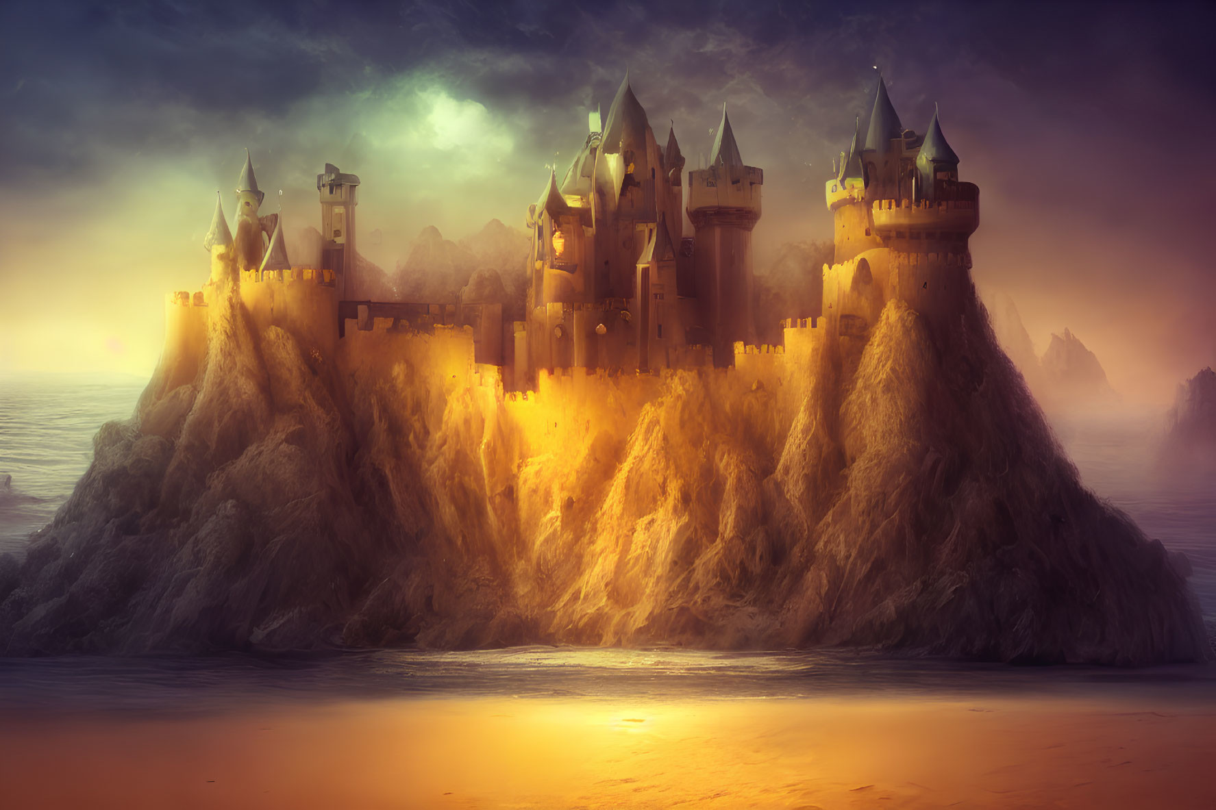 Fantasy castle on cliff at sunset with golden glow and ocean waves