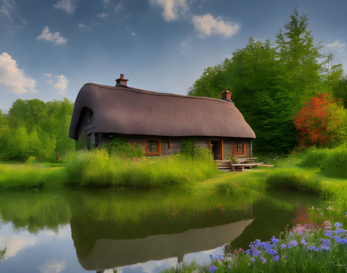 Rural cottage with orange windows by pond amidst greenery and flowers