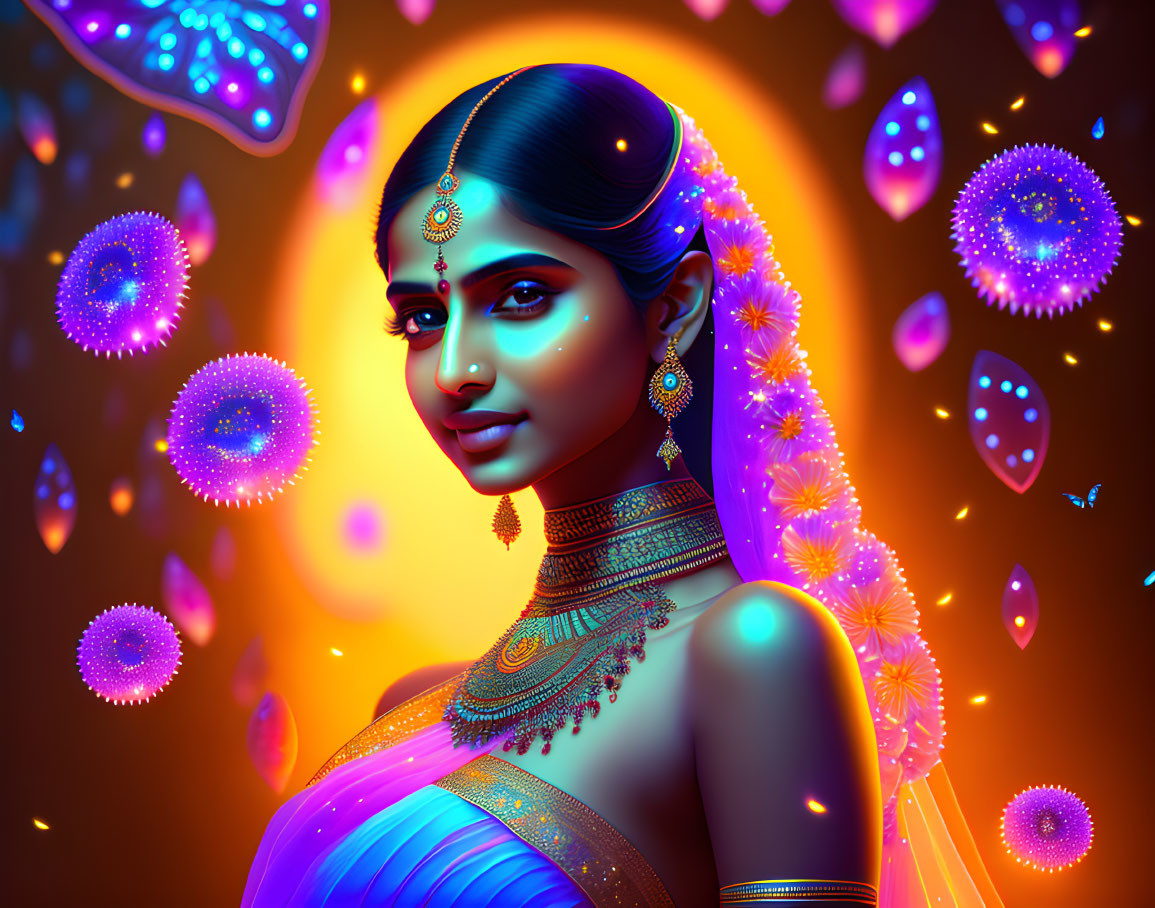 Colorful digital portrait of woman in Indian attire with neon glows & paisley patterns.