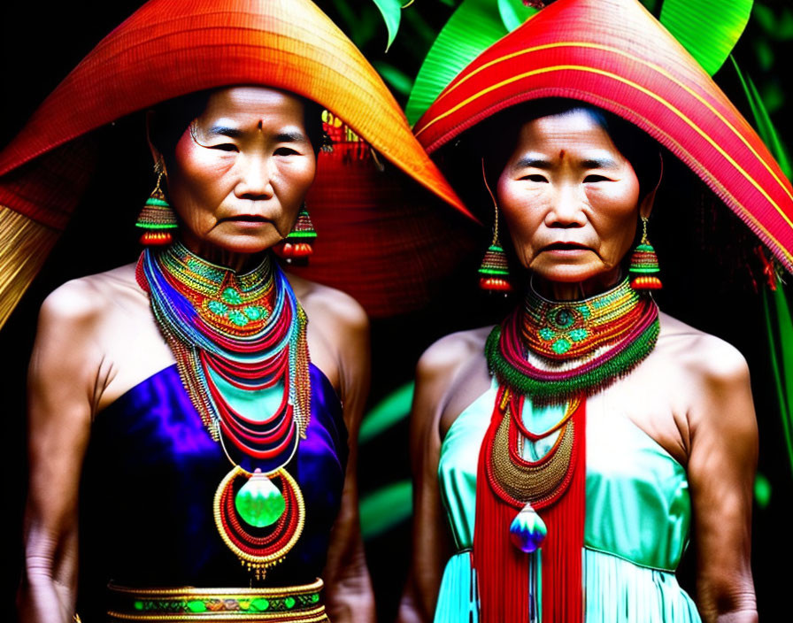 Traditional Attire: Two Women in Bright Colors and Large Hats