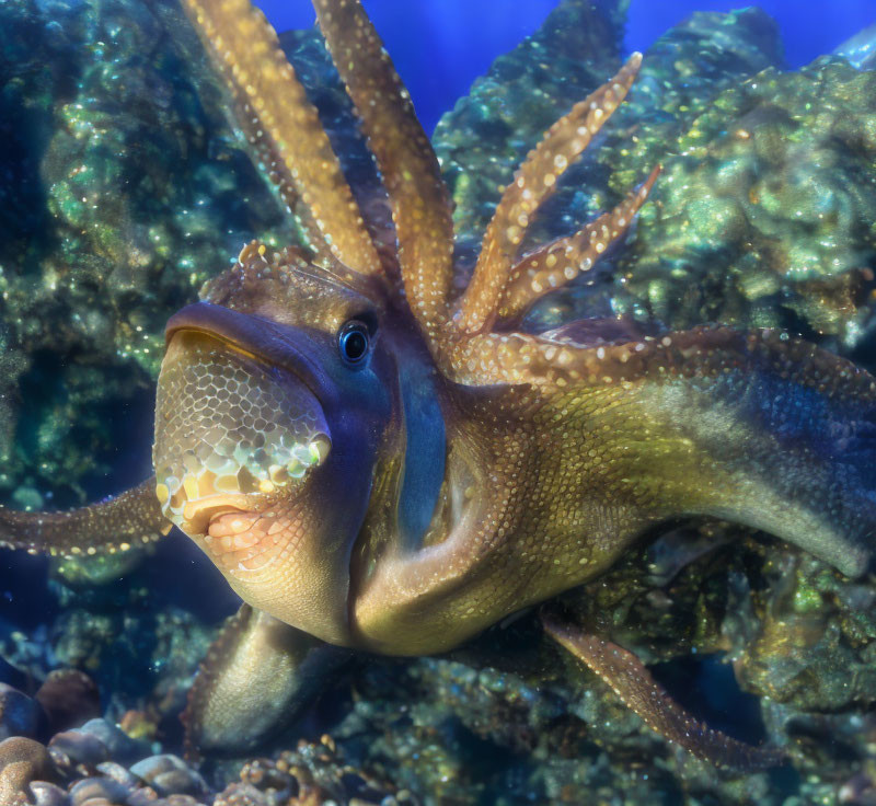 Common octopus close-up with textured skin and extended tentacles in vibrant coral backdrop.