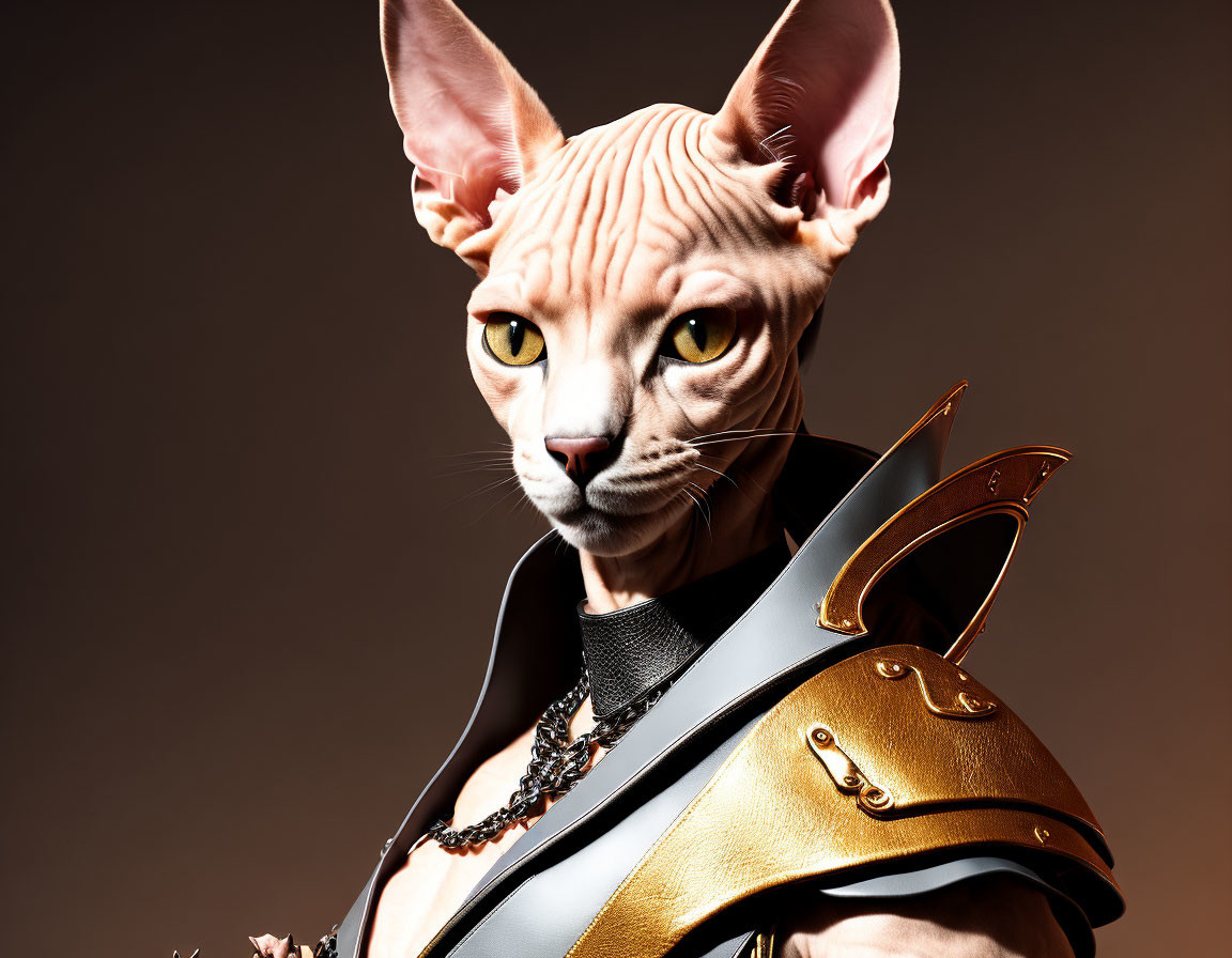 Anthropomorphic sphynx cat digital art with stylish shoulder armor and necklace.