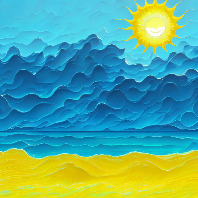 Artistic Image: Blue Waves, Smiling Sun, Yellow Beach