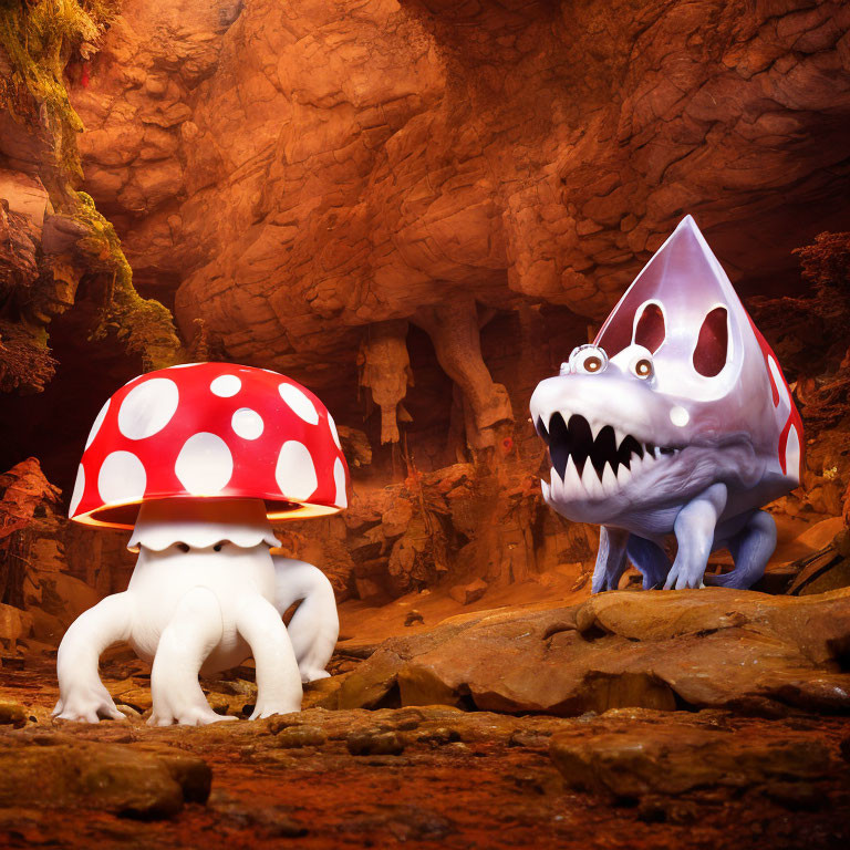 Stylized cave with red and white mushroom and cartoonish shark creature