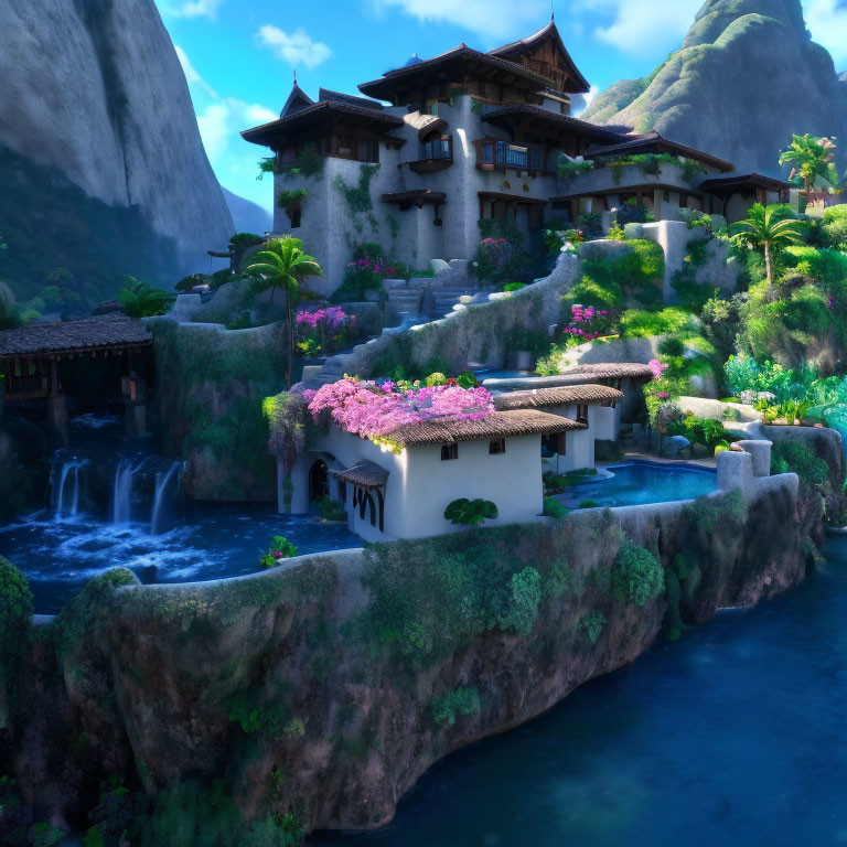 Traditional houses in serene village by waterfall and lush greenery.