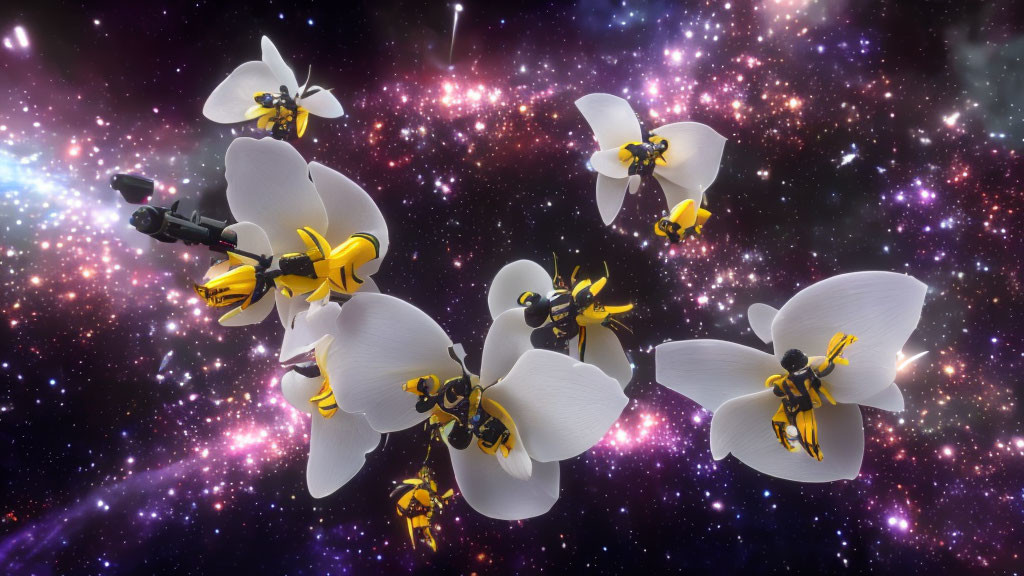 Artificial White Orchids Cluster with Bees on Cosmic Background