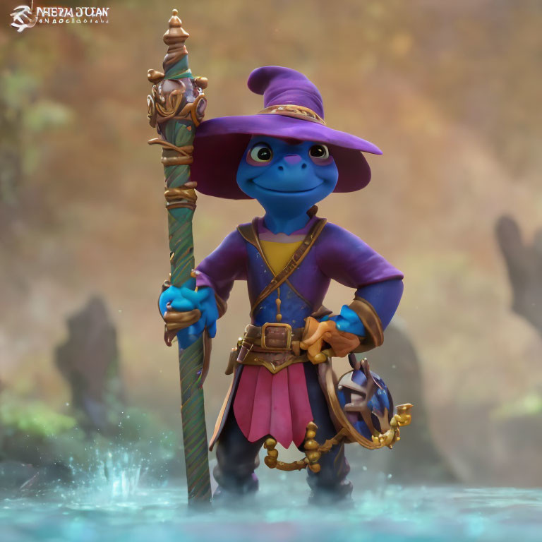 Blue-skinned animated character in purple attire with staff and nautical wheel in shallow water.