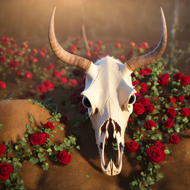 Skull with Long Horns Among Red Roses and Leaves