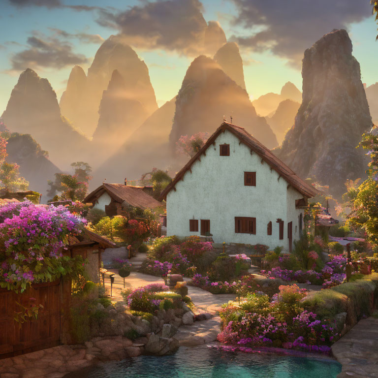 Scenic Cottage in Lush Garden with Misty Mountains