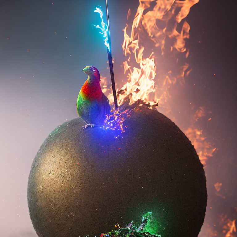 Colorful Bird on Planetoid with Cracked Blue Light Background