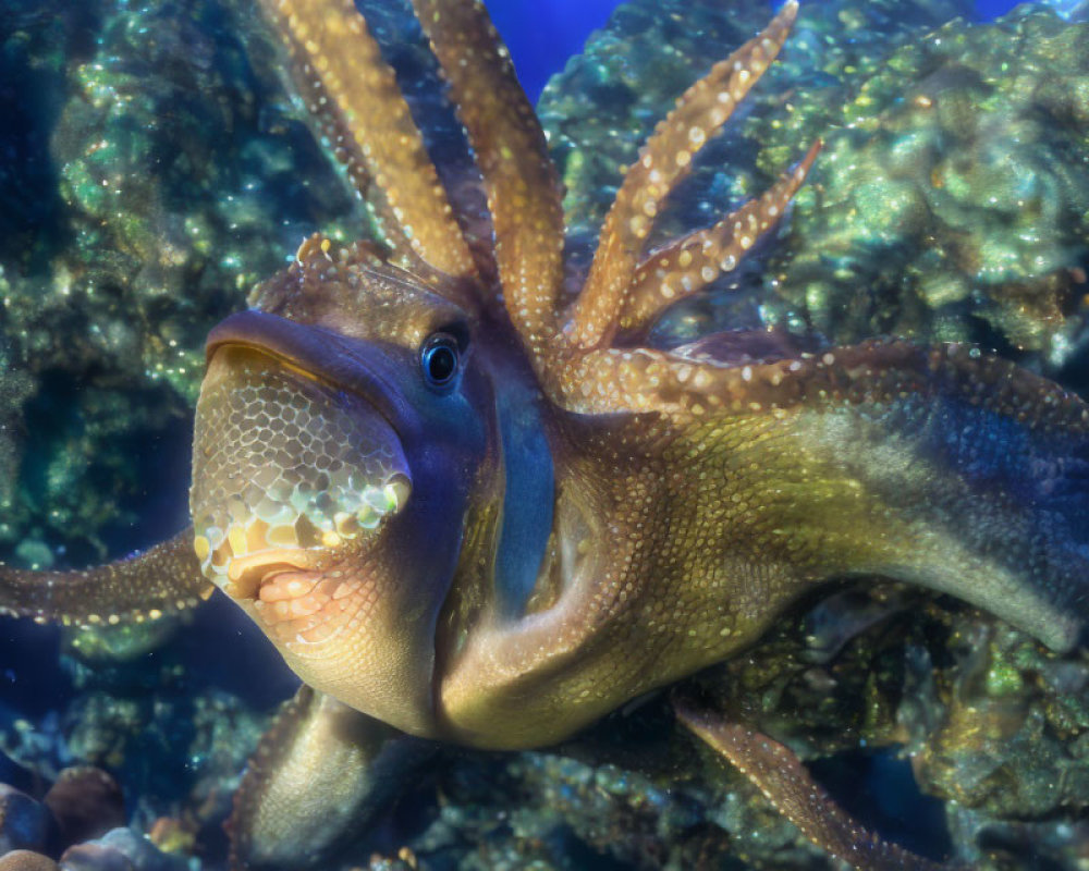 Common octopus close-up with textured skin and extended tentacles in vibrant coral backdrop.