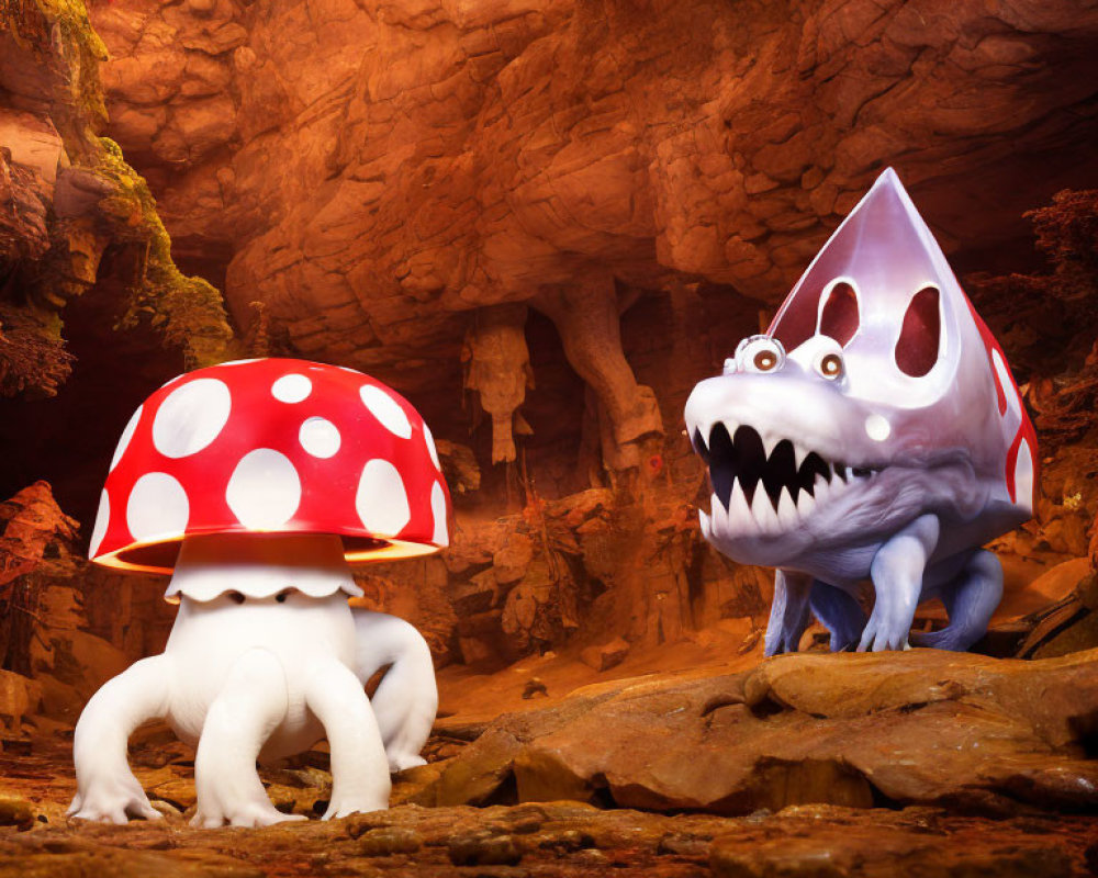 Stylized cave with red and white mushroom and cartoonish shark creature