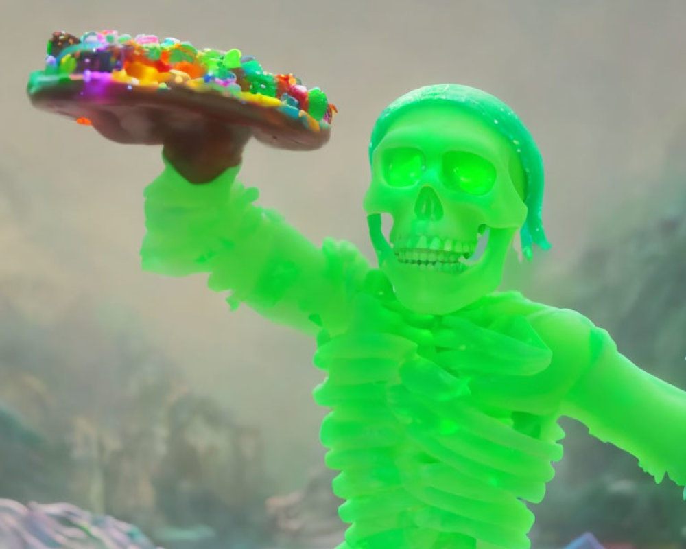 Neon green glowing skeleton with colorful food platter