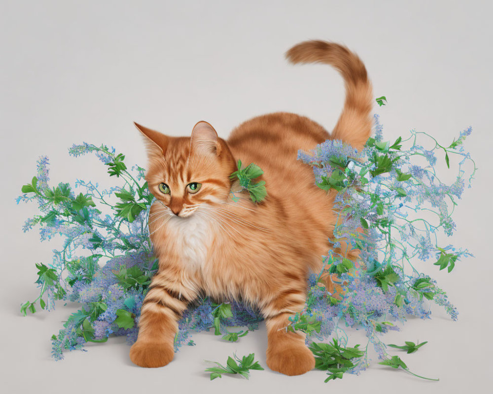 Orange Tabby Cat with Green Eyes Among Blue Flowers and Greenery