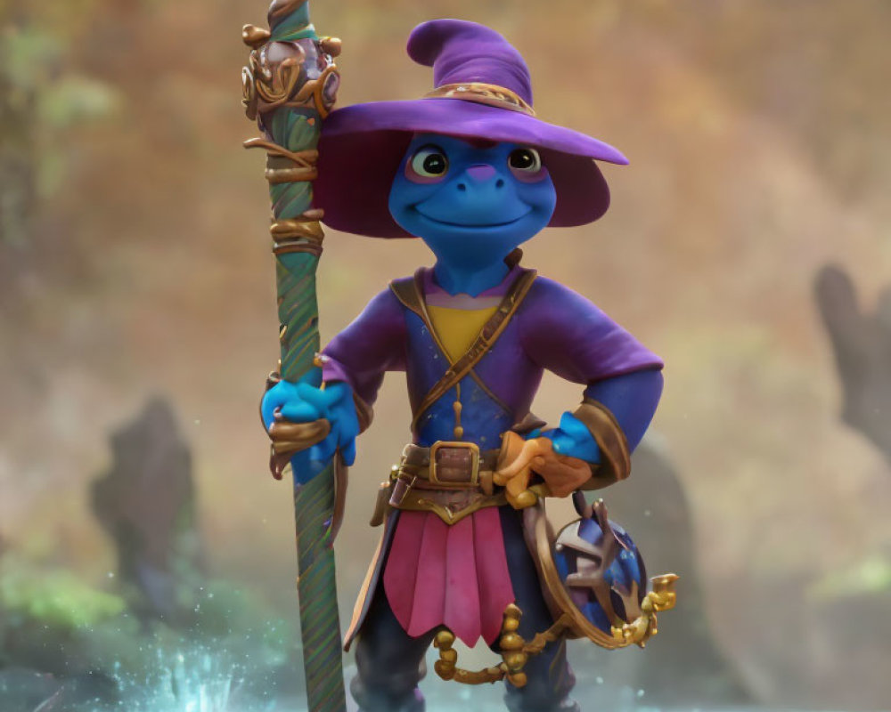 Blue-skinned animated character in purple attire with staff and nautical wheel in shallow water.