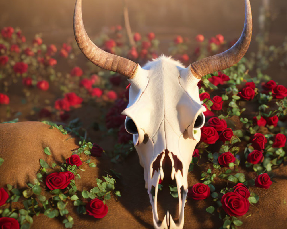 Skull with Long Horns Among Red Roses and Leaves