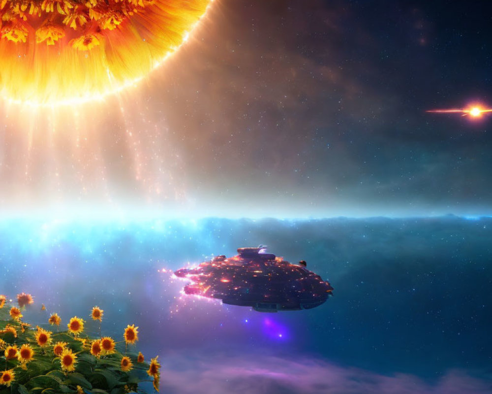 Sci-fi scene: sunflower field, solar flares, UFO in starry sky