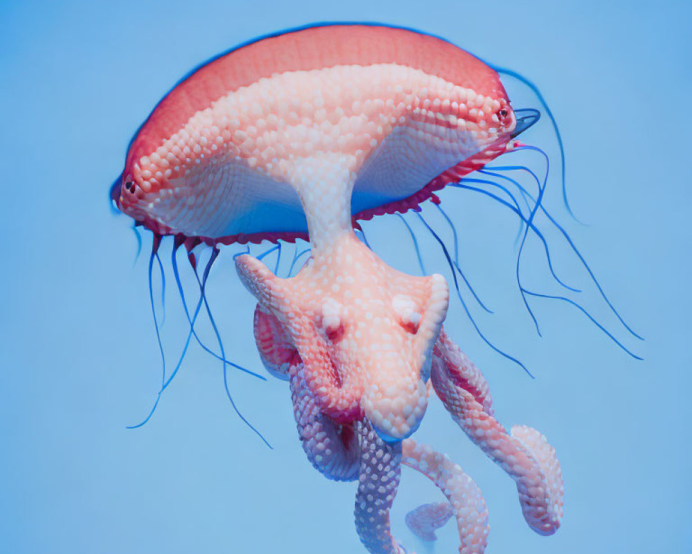 Translucent pink jellyfish with trailing tentacles on blue background