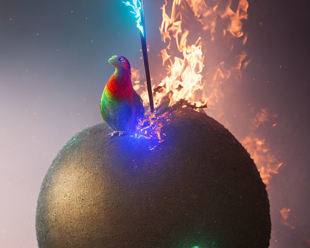 Colorful Bird on Planetoid with Cracked Blue Light Background