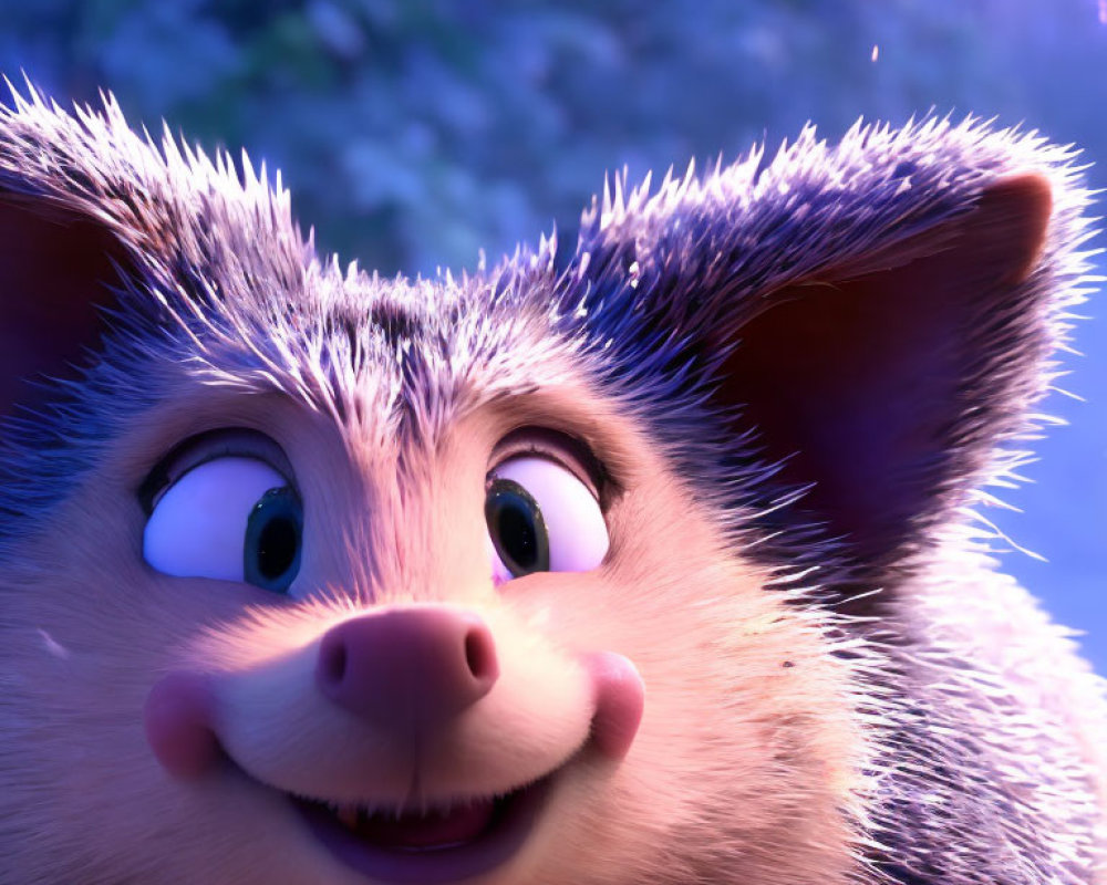 Smiling animated hedgehog with bright eyes in purple background