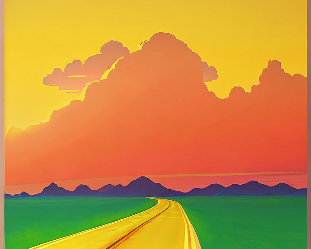 Vibrant Open Road Painting with Orange and Yellow Sky