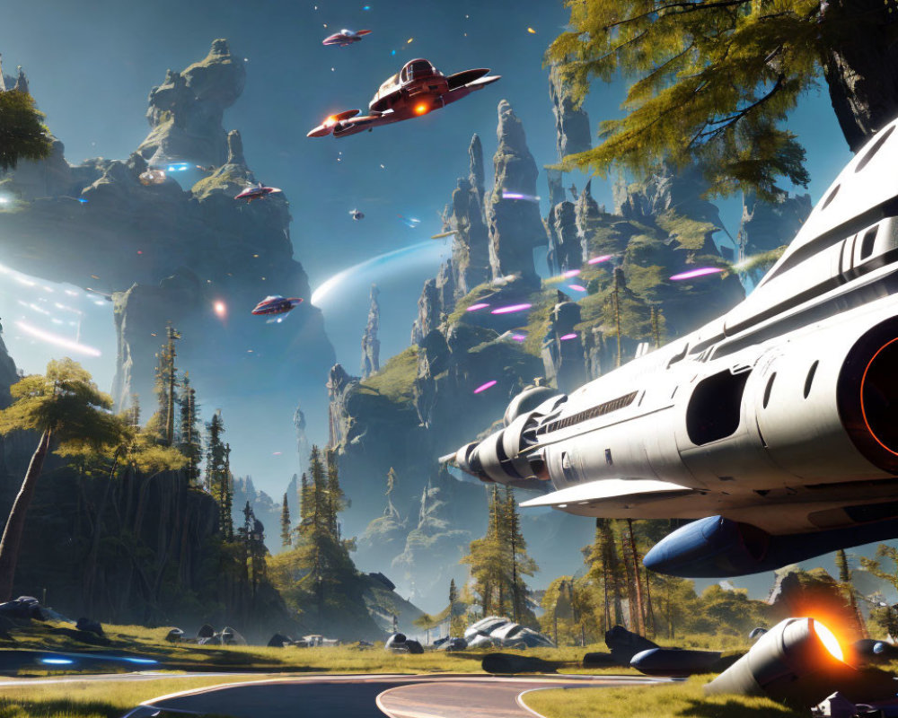 Sci-fi spaceships soar above alien forest with rock formations and blue sky rings