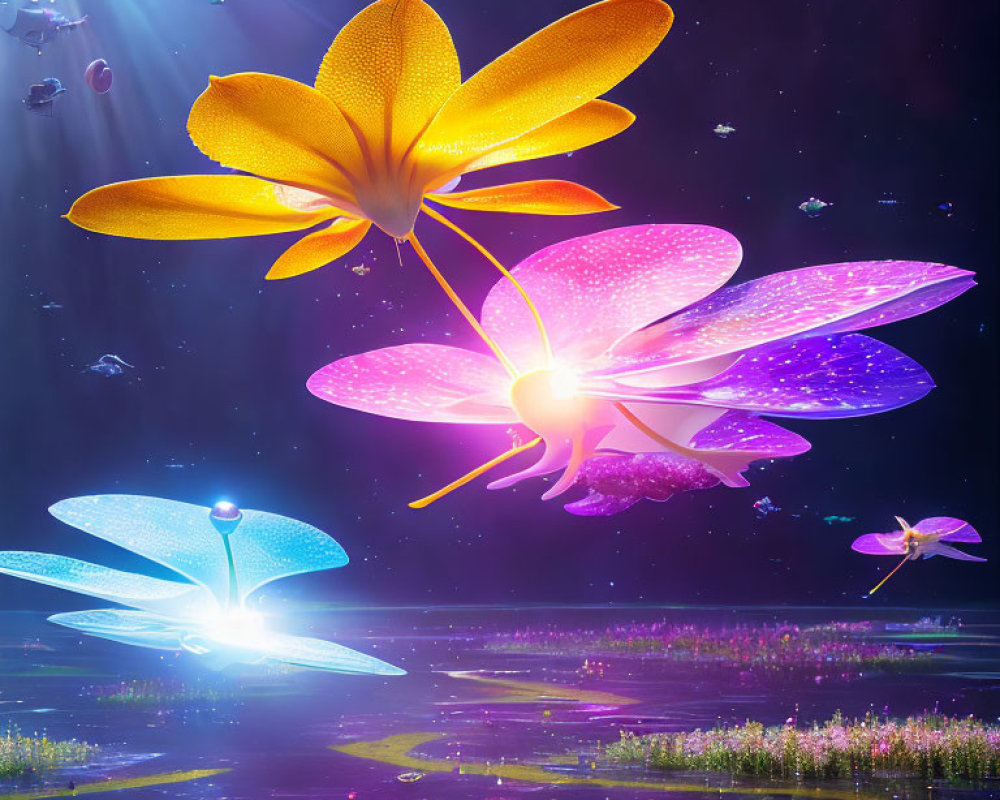 Colorful digital artwork: Oversized, glowing flowers above mystical water landscape