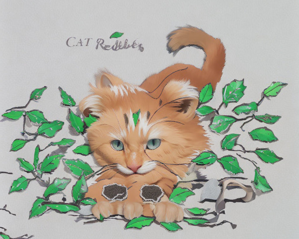 Digital Artwork of Fluffy Cat with Green Eyes Among Green Leaves