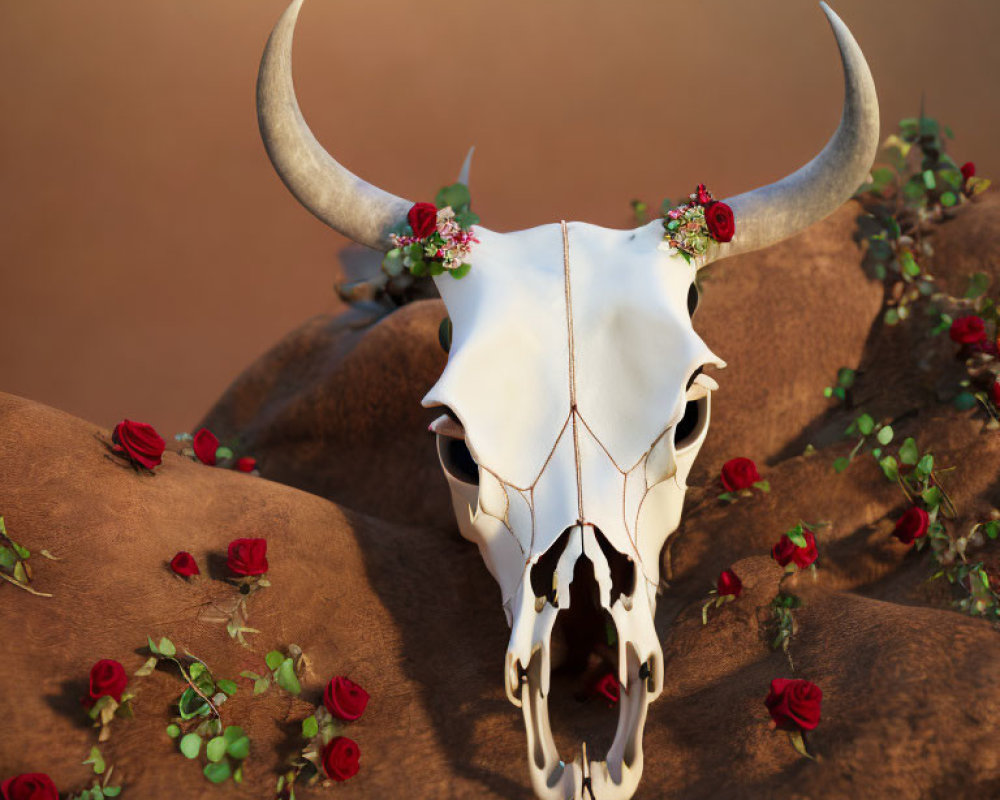 Decorated Animal Skull with Long Horns and Red Roses on Earthy Terrain