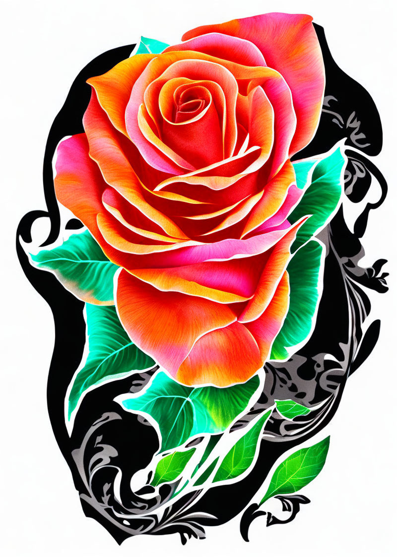 Colorful rose illustration on black background with floral patterns