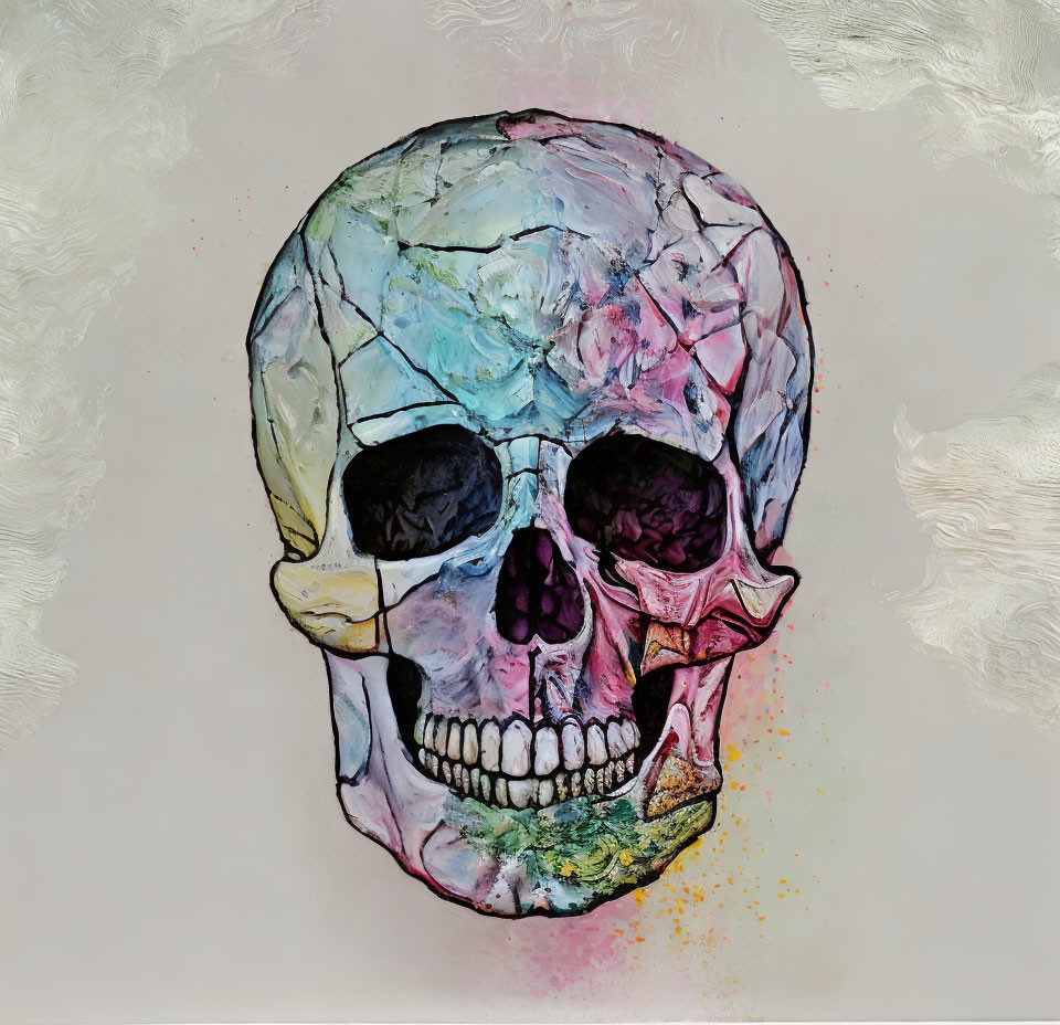 Vibrant human skull painting in blue and pink hues on cream background