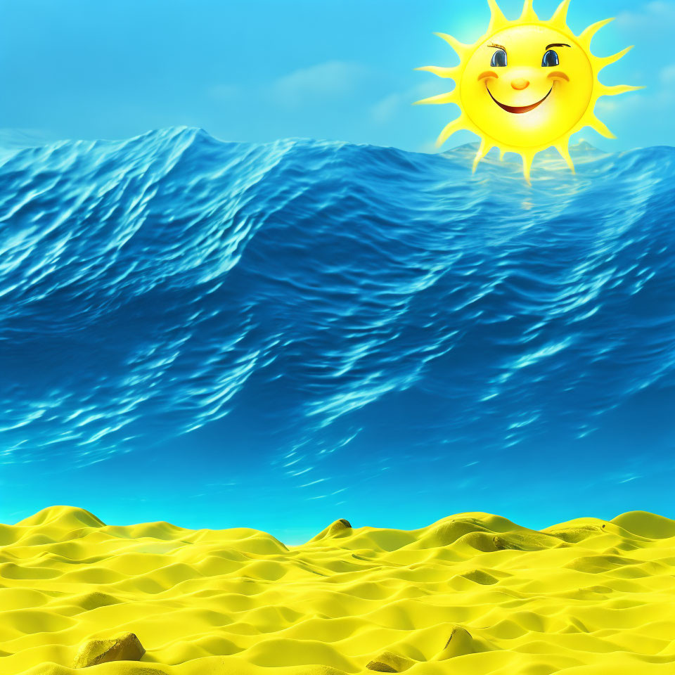 Cartoon sun over sandy beach with blue waves and clear sky