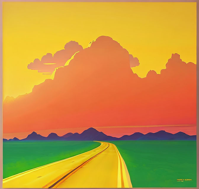 Vibrant Open Road Painting with Orange and Yellow Sky