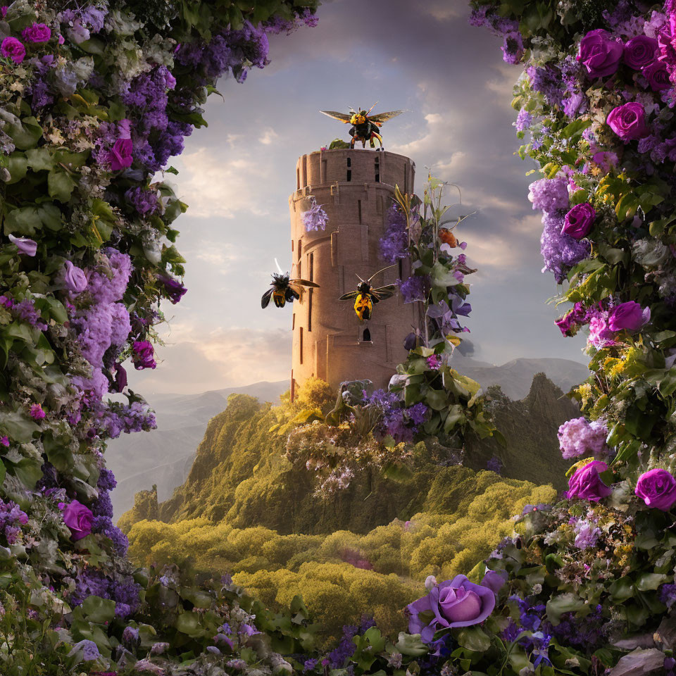 Fantasy tower in lush forest with oversized bees and vibrant flowers.