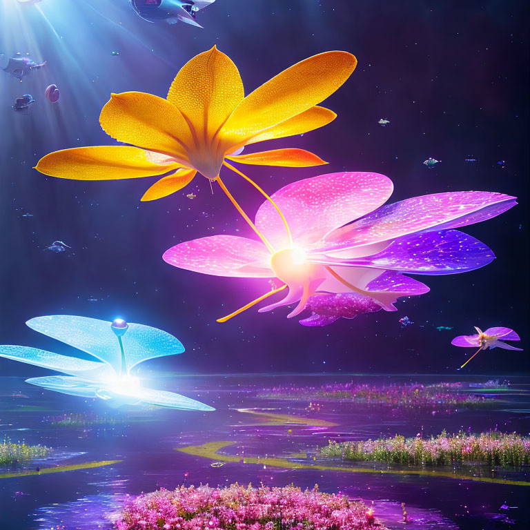 Colorful digital artwork: Oversized, glowing flowers above mystical water landscape