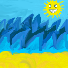 Cartoon sun over sandy beach with blue waves and clear sky