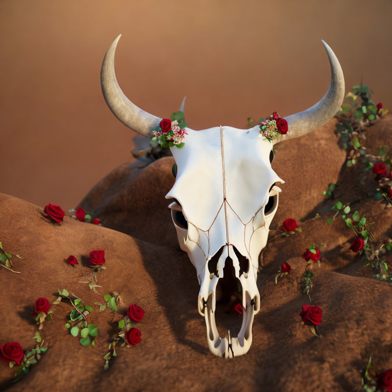 Decorated Animal Skull with Long Horns and Red Roses on Earthy Terrain