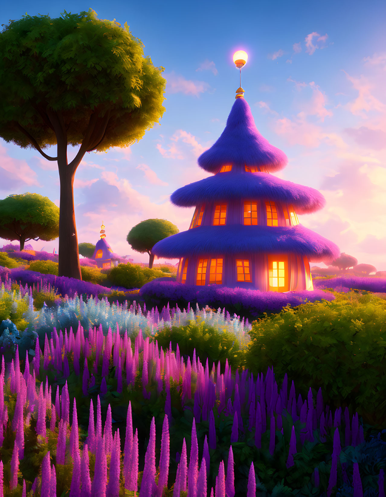 Fantasy house with glowing windows in colorful garden at dusk