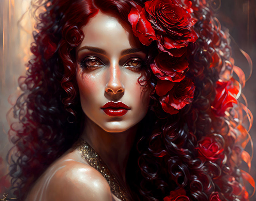 Voluminous Curly Red Hair Woman Portrait with Red Roses