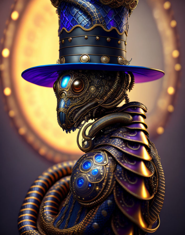 Steampunk-inspired mechanical owl with glowing blue accents and top hat