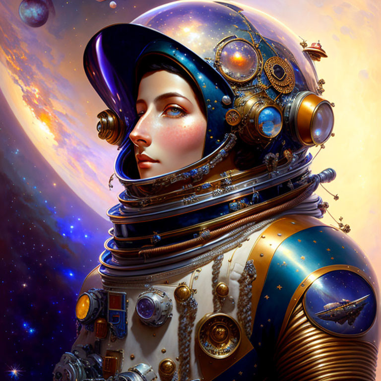 Detailed digital illustration: Woman in steampunk astronaut suit, cosmic background.