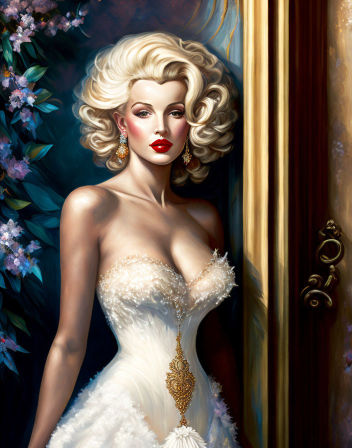 Glamorous woman in white sequined gown with blonde hair and red lipstick