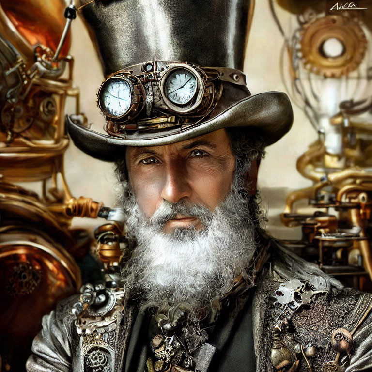 Steampunk-inspired character portrait with intricate costume and gear-adorned hat.