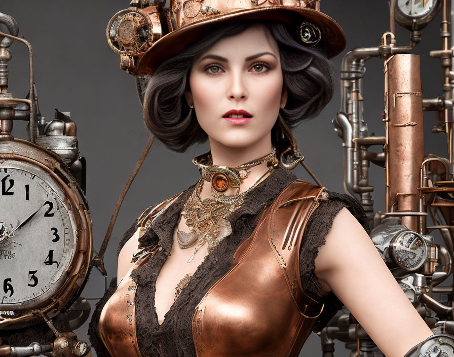 Steampunk-themed woman in copper attire with top hat and gears