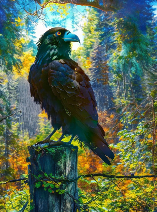 Black eagle perched on moss-covered tree stump in radiant forest