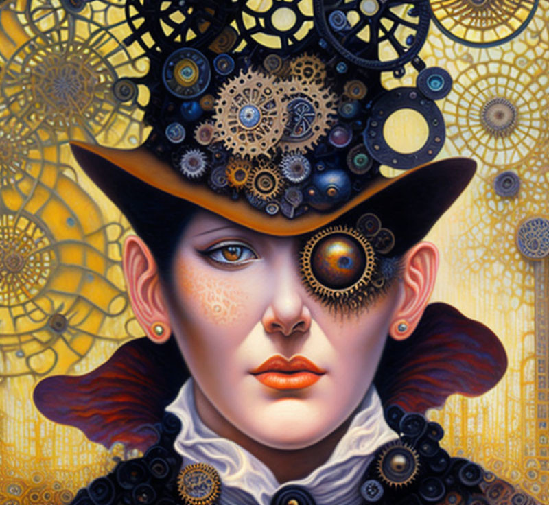 Steampunk-themed portrait with gear designs and intricate outfit