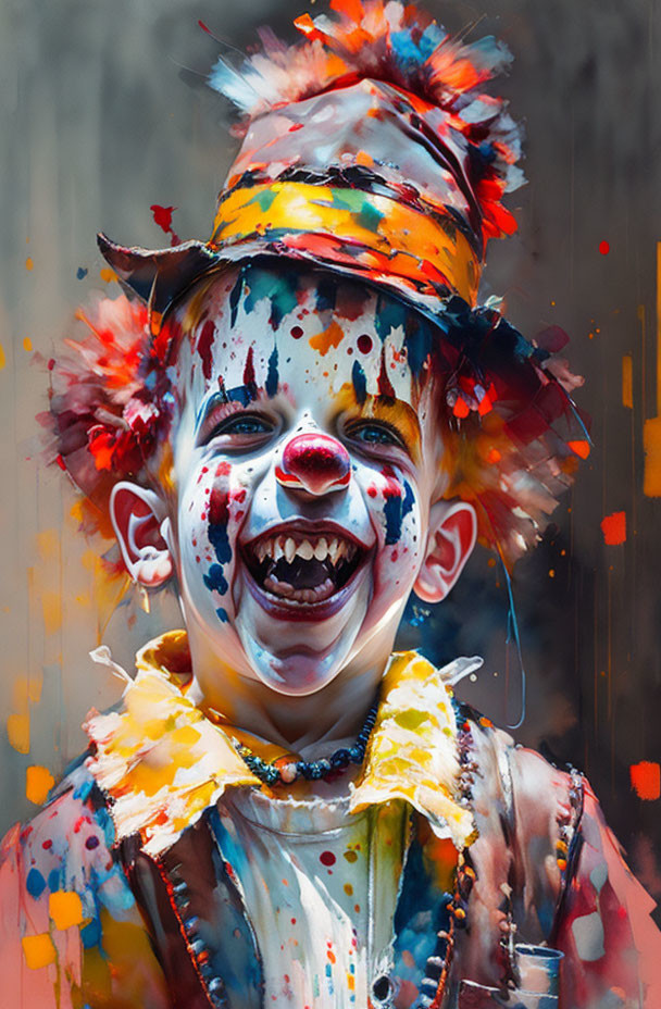 Child in clown makeup and costume laughing against colorful backdrop