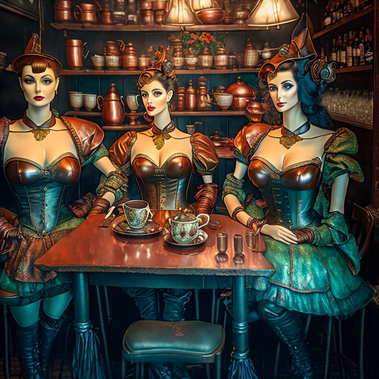 Stylized female figures in steampunk attire at vintage bar